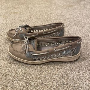Women’s 7.5 grey and silver Sperry slip ons
